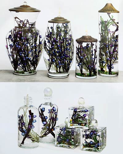 Blue Berry – shown in Ginger Vase, Brandy, Small Cylinder, Cylinder, Apothecary and Cube.