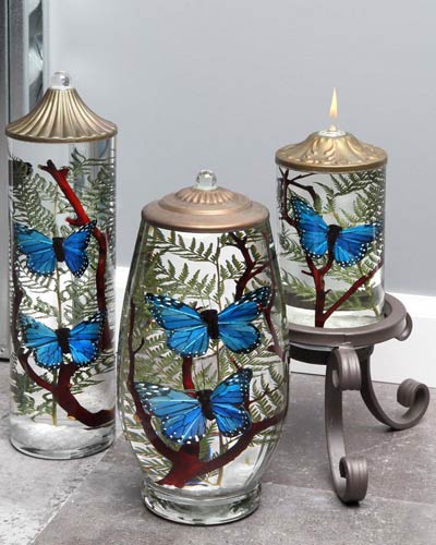 Blue Butterfly – shown in Cylinder and Small Cylinder, Brandy.