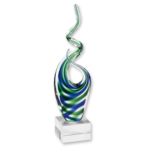 Ocean Blue & Green Murano style art glass centerpiece is truly an eye-catcher. The unique shape stands on a lovely crystal base.