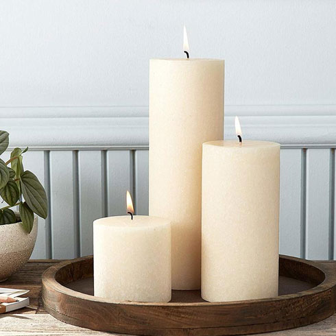 Root unscented pillar candles. Exceptional burn time. Vibrant colours. Three sizes.
