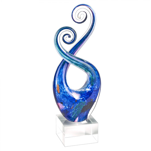 Monet – Murano style art glass swirl centerpiece on crystal base uses the Monet inspired design with blue and sparkles of white, pink and gold.