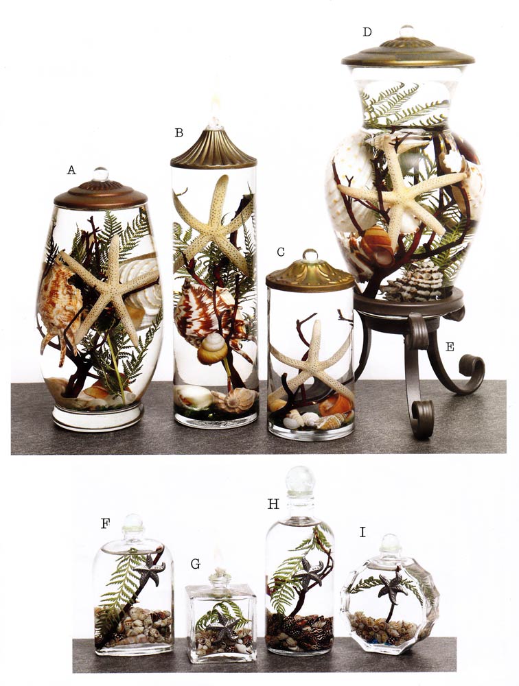Seashells – pictured here A. Brandy; B. Cylinder; C. Small Cylinder; D. Ginger Vase; E. Stand; F. Oval; G. Cube; H. Apothecary; I. Sunburst